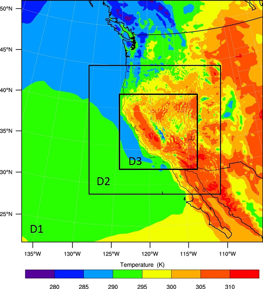 A snapshot of the surface air temperature (K) predictions from 10-year high-resolution regional climate model simulations Argonne conducted recently for a California fire risk mapping project.