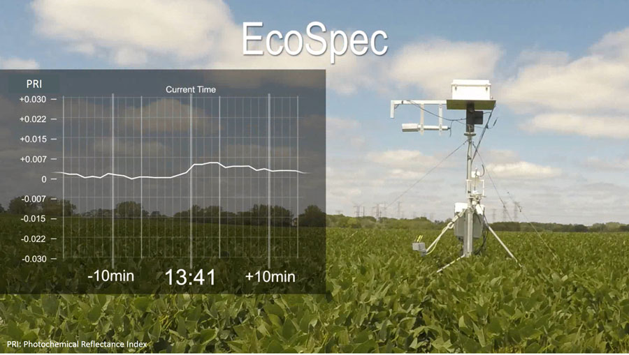 The EcoSpec system deployed in more mature soybean fields adjacent to Fermilab.