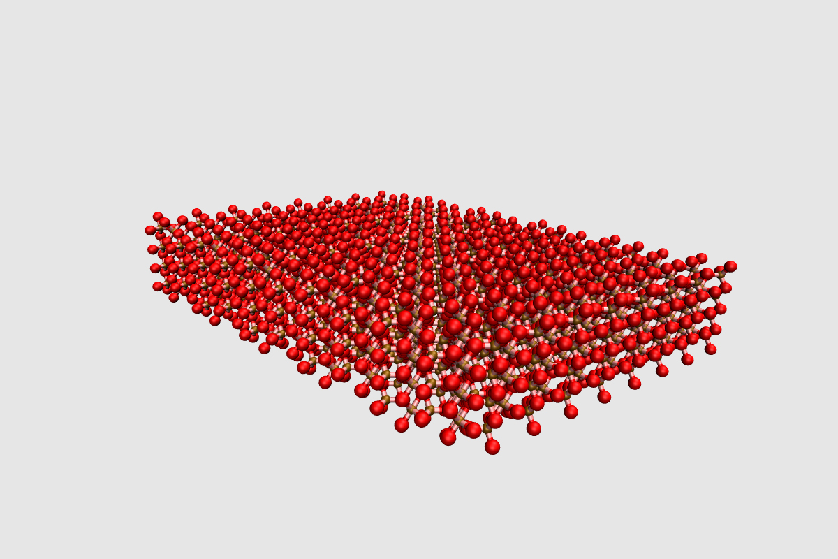 A visualization of a crystal structure of a gallium oxide surface, which is one of the new advanced semiconductor materials Argonne and Kyma Technologies will be targeting. 