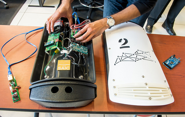 The circuit boards for the Argonne-developed Waggle platform are installed in a safe, weather-proof casing for a deployment in partnership with the City of Chicago, called the “Array of Things.” Early test units such as pictured here are scheduled to be installed on the campuses of DePaul University, University of Chicago and the School of the Art Institute of Chicago. Photo by Mark Lopez/Argonne National Laboratory. 