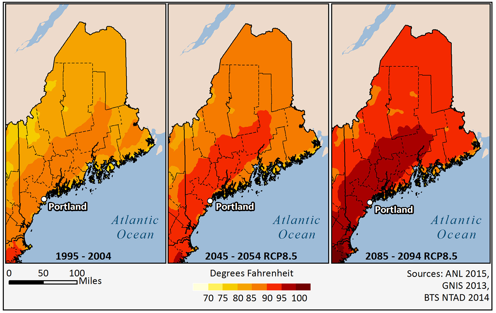 Argonne generated maps to show how Maine’s climate would change under a high emissions scenario. 