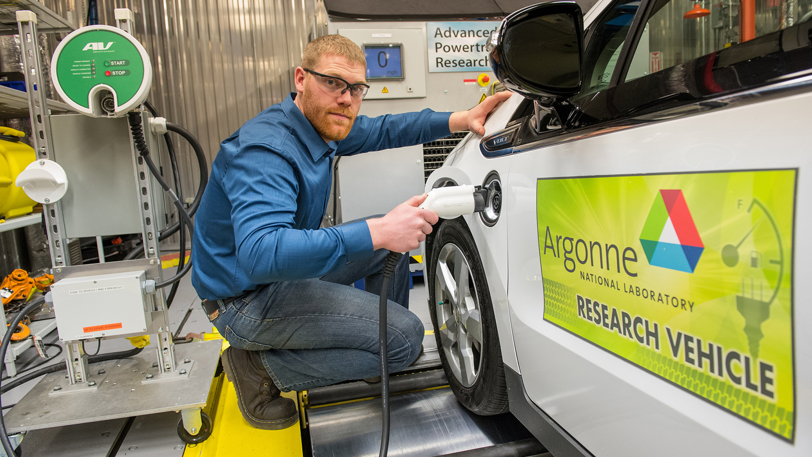 Argonne engineer Kevin Stutenberg sets up an electric car for testing. 
