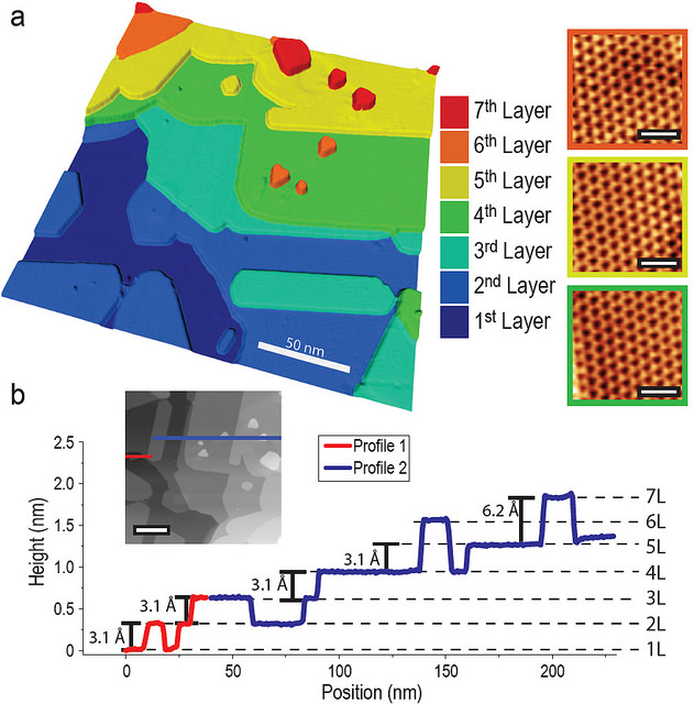 Researchers at Argonne find that silicene, a one-atom thick sheet of silicon, has not been experimentally realized on silver, and that silver is unlikely to be a good substrate for silicene. (a) This three-dimensional scanning tunneling microscopy image shows the growth of seven ultra-thin layers of silicon nanosheets atop a silver crystal. The atomic structures of the nanosheets are illustrated for layers 4, 5 and 6. (b) Step heights for silicon nanosheets are plotted at the bottom.
