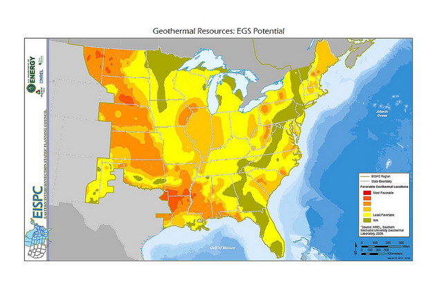 A suitability map for geothermal energy. Red areas are most favorable and yellow areas are least favorable.