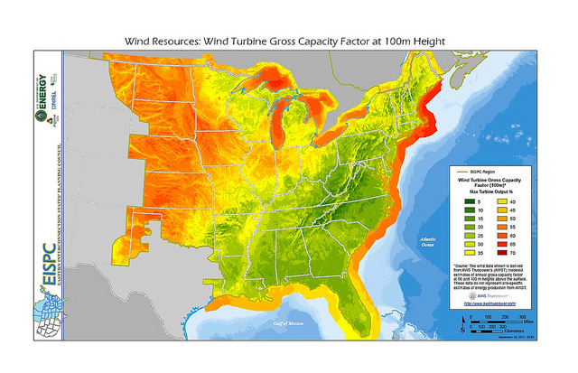 A suitability map for wind power. Red areas are most favorable and green areas are least favorable.