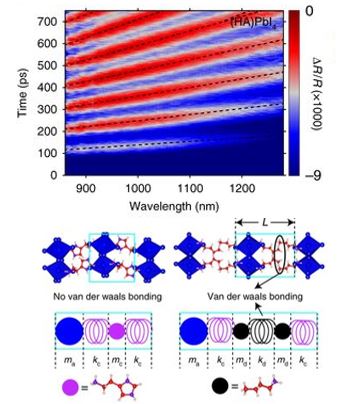 Coherent lattice distortions in 2D crystalline perovskites. (top) spectral map of (HA)PbI4 flake. (bottom) crystal structure (upper figures) and bead-spring models (lower figures). Pb–I octahedron (blue), HA2+ ion (purple) and BA+ ions (black).