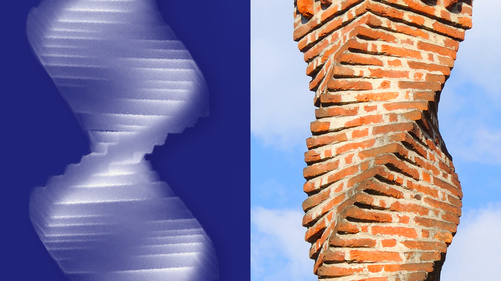 Helical structure of stacked bricks is similar to that produced by giving nanowires an Eshelby twist.
