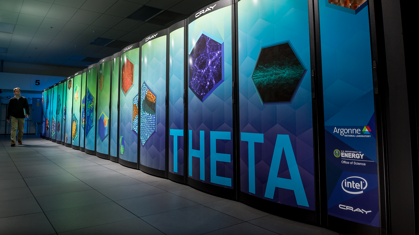 Argonne researchers are using the Theta supercomputer to model potential drug candidates that could serve as antivirals against COVID-19. (Image by Argonne National Laboratory.)