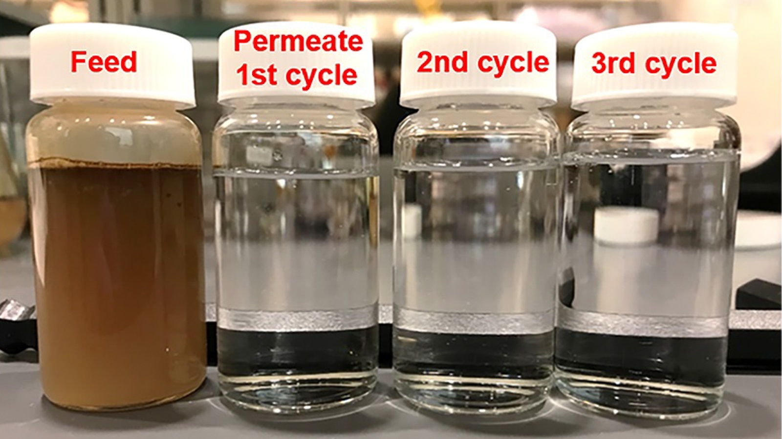 Crude-oil-in-water feed in its initial state and the clean permeate that comes out after passing through the ALD-treated membrane, a process that was performed three successive times. The membrane was simply rinsed by water after every cycle of filtration. (Image by Argonne National Laboratory.)