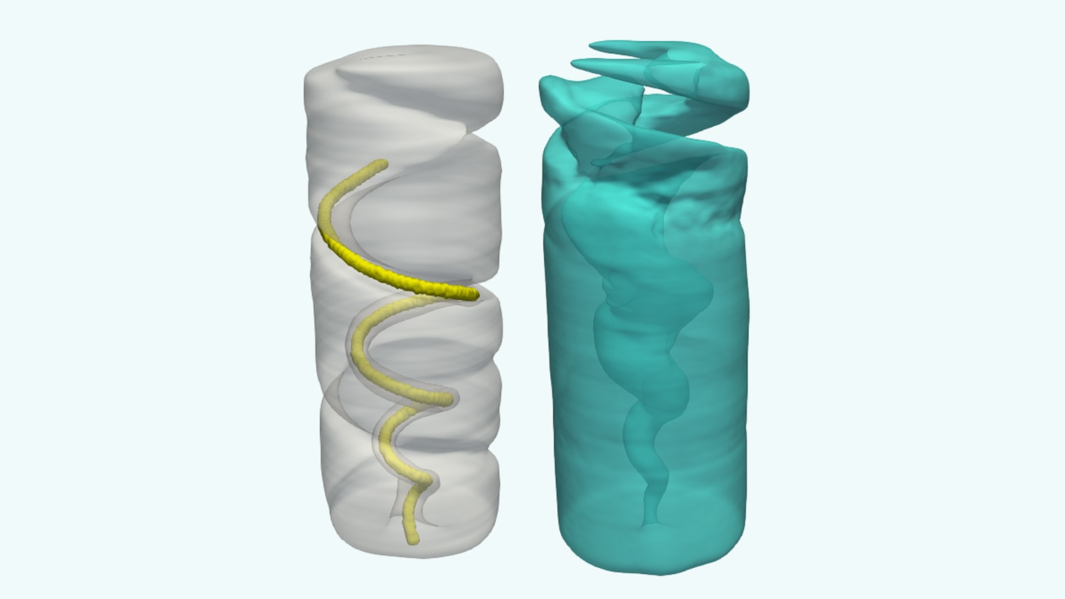 The corkscrew mechanism, shown in a density image of a BEC sample (left) and in an angular momentum transfer image (right). (Image by Florida State University.)