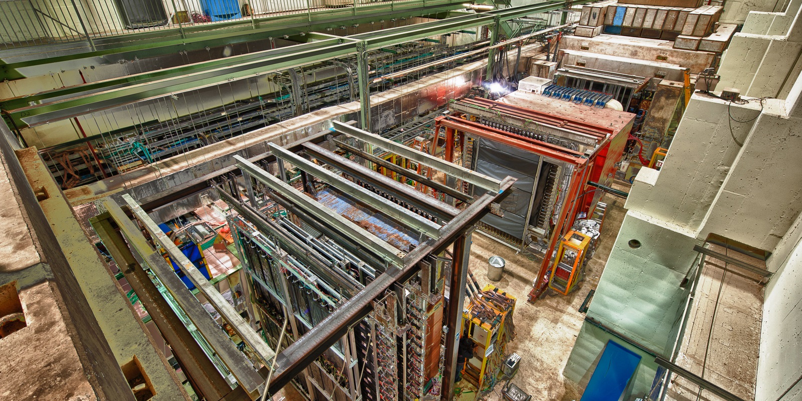 Image of the apparatus used in the experiment. The proton beams pass through each of the shown layers. (Image by Fermi National Accelerator Laboratory.)