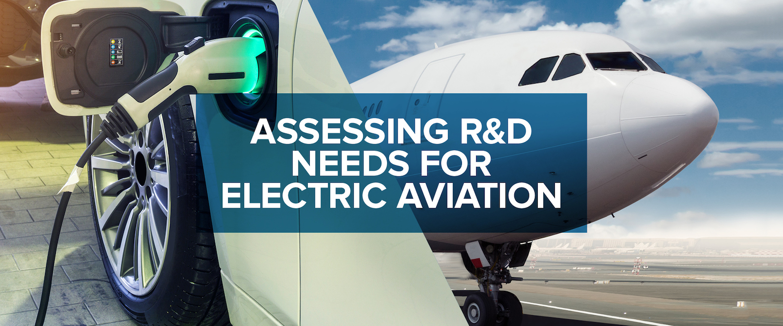 Airplane photograph with text box superimposed with "ASSESSING R&D NEEDS FOR ELECTRIC AVIATION." (Image by Argonne National Laboratory.)