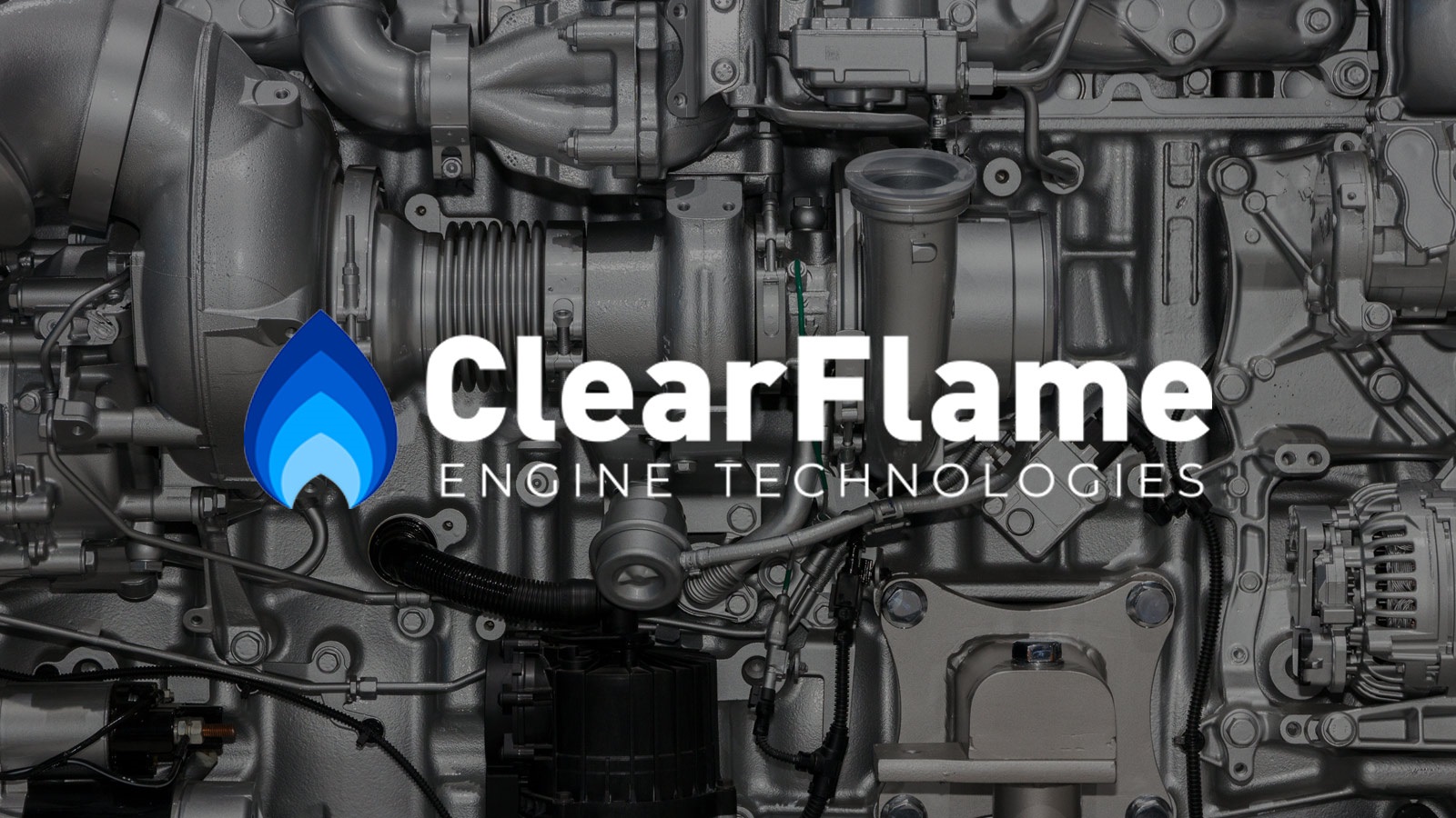 ClearFlame Engine Technologies logo with blue flame on grey mechanical image background. (Image by Shutterstock/VanderWolf Images.)