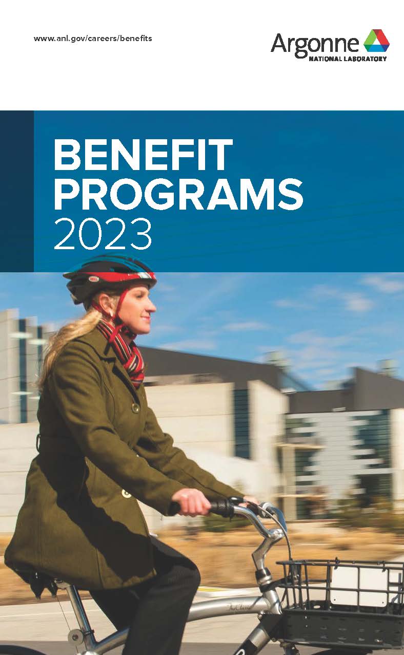 Woman riding bicycle in front of campus building on cover of 2023 Argonne Benefits Summary