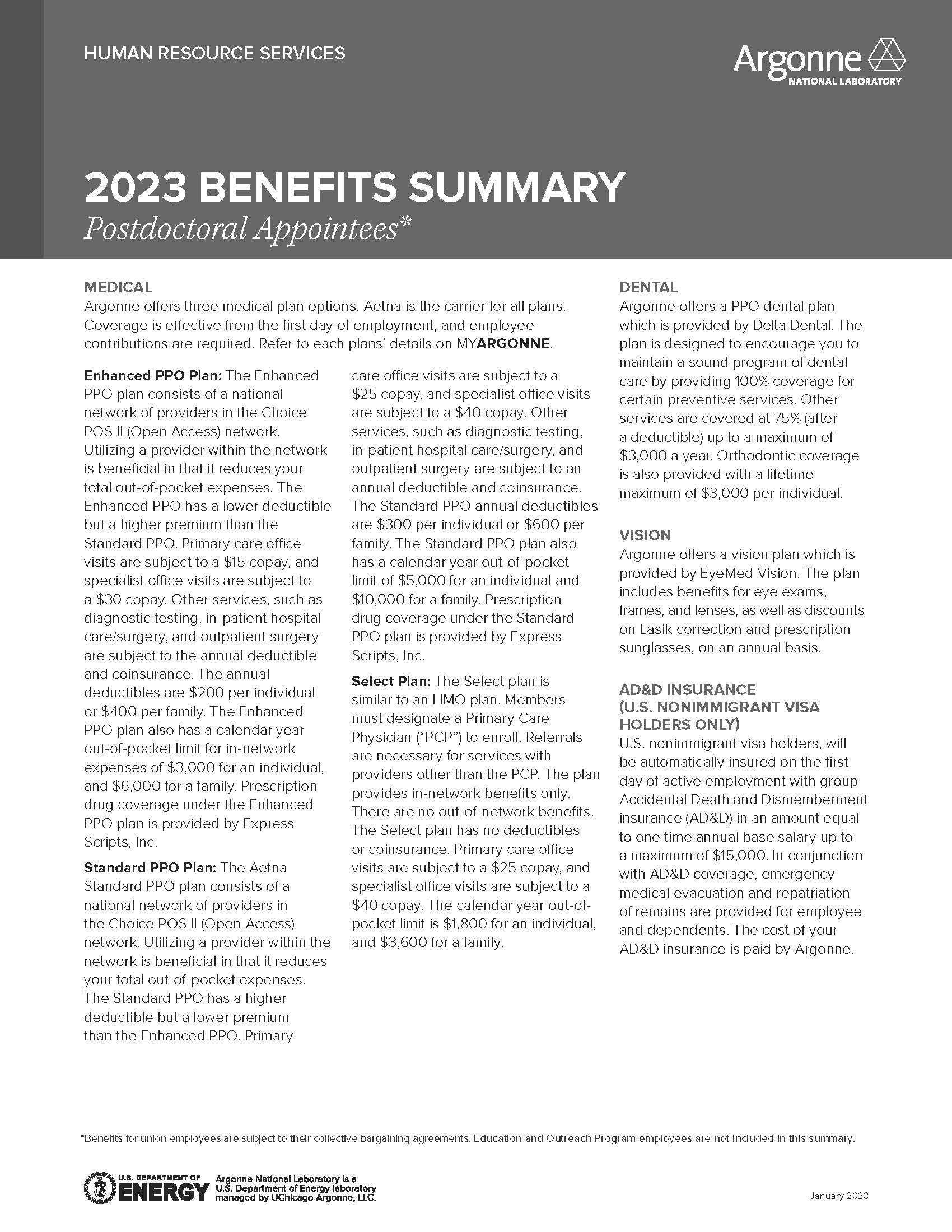 Text of 1st page of Postdoctoral Benefits Summary