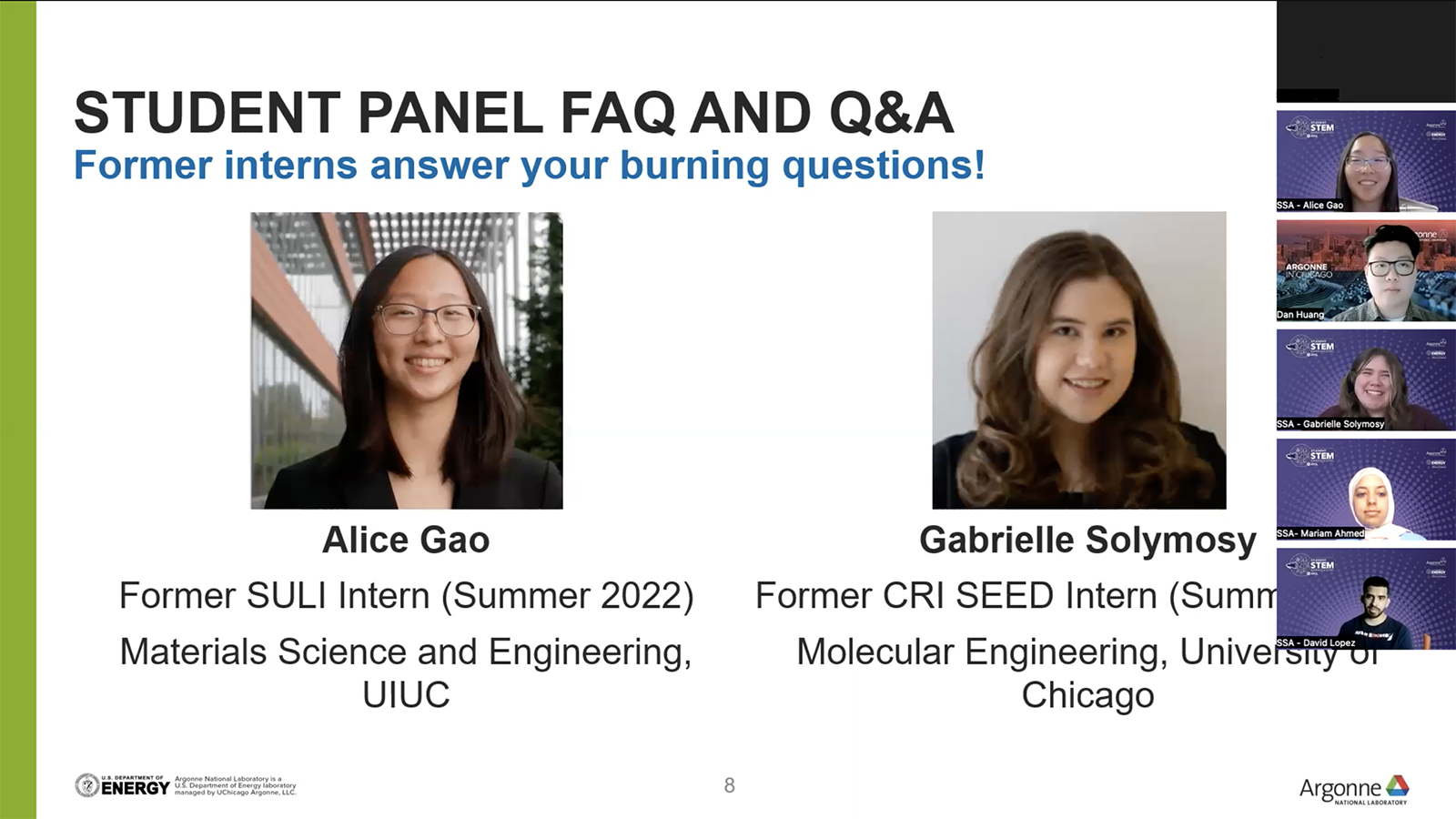 Former SULI intern Alice Gao is introduced as one of Argonne’s Student STEM Ambassadors, ready to answer students’ questions on what it’s like to be an intern. (Image by Argonne Institutional Partnerships.)