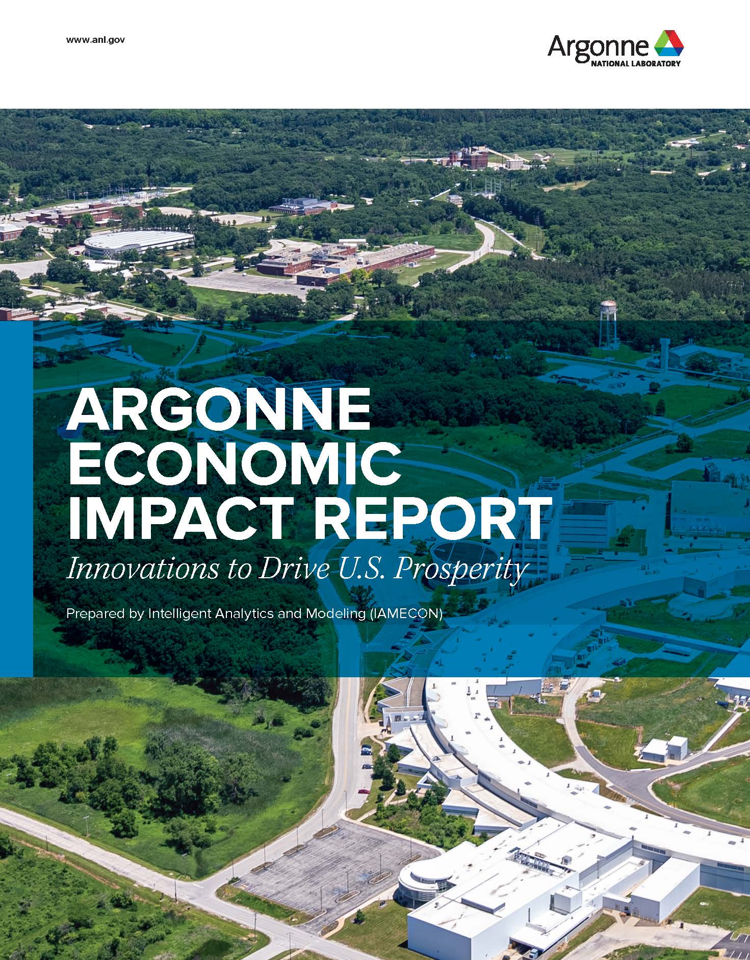 Aerial image of Argonne National Laboratory on the cover of the Argonne Economic Impact Report.