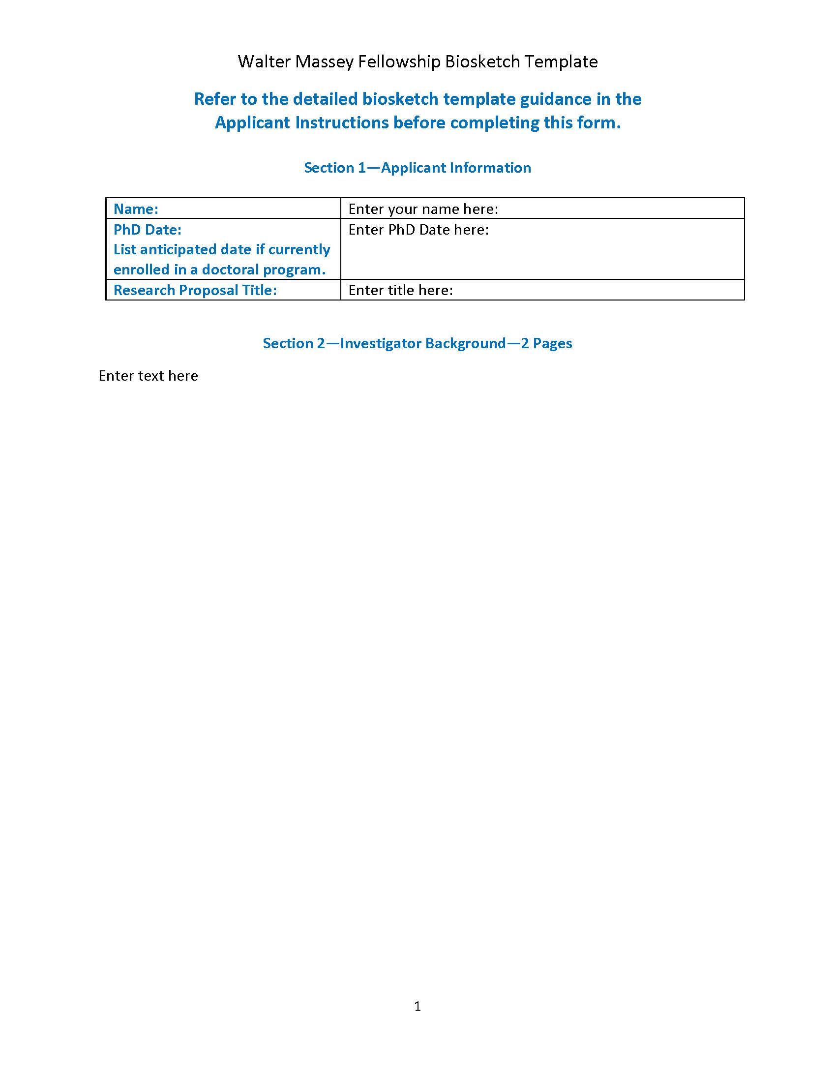 Image of the Walter Massey Fellowship biosketch template