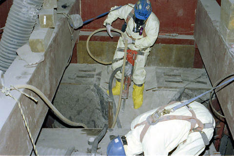 In areas where access was limited, activated high-density concrete around the reactor was removed by jack hammers.