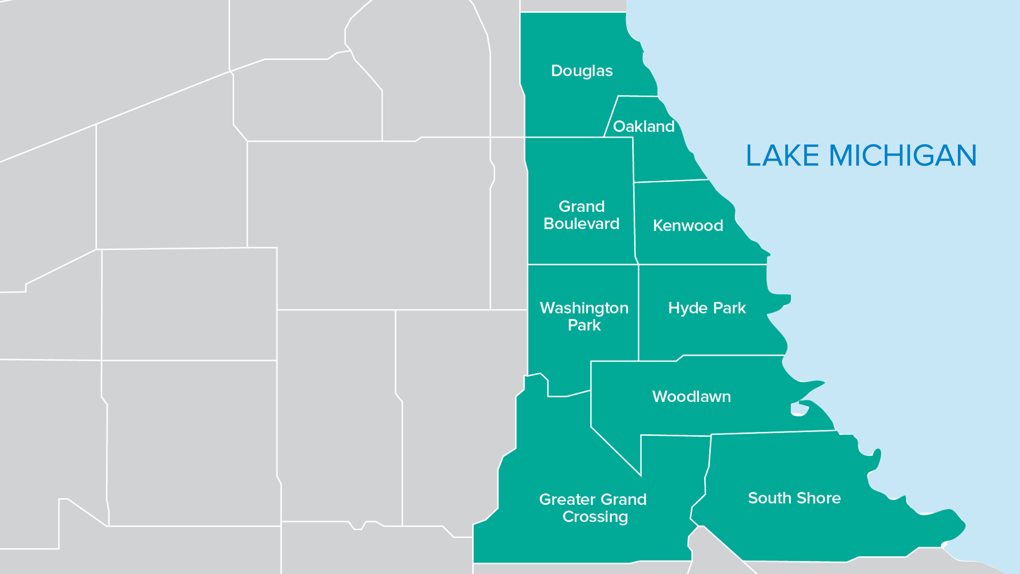 Image of colored map of nine Chicago southside neighborhoods surrounding Hyde Park