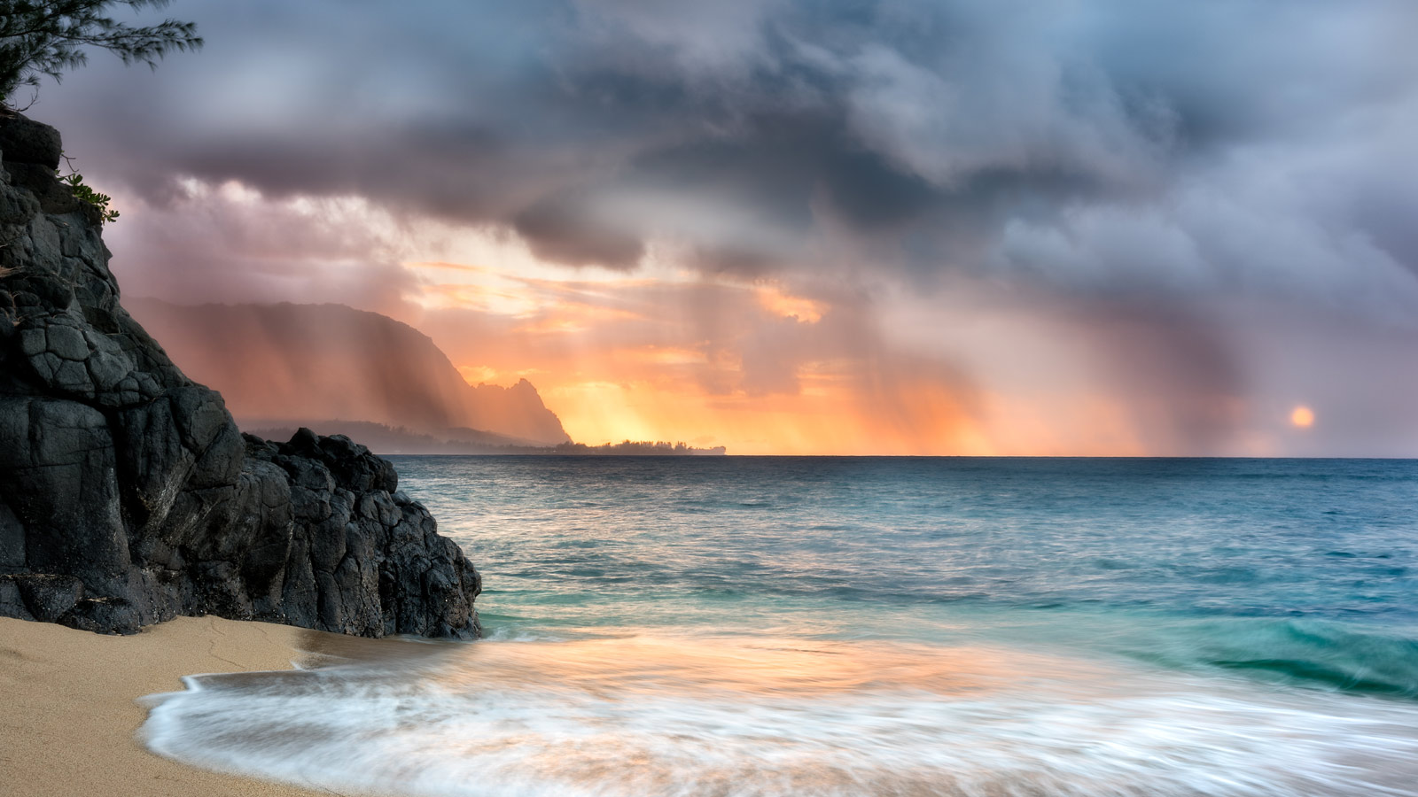 Beach in Hawaii with stormy sky