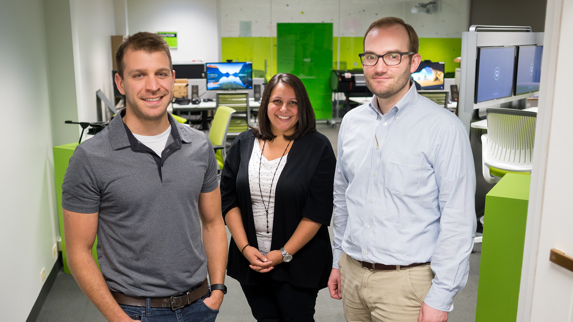 (From left) Scott Schlueter, Carmella Burdi and Tom Wall of the GRID-M team. Not pictured from the GRID-M team is Kyle Pfeiffer. (Image by Argonne National Laboratory.)
