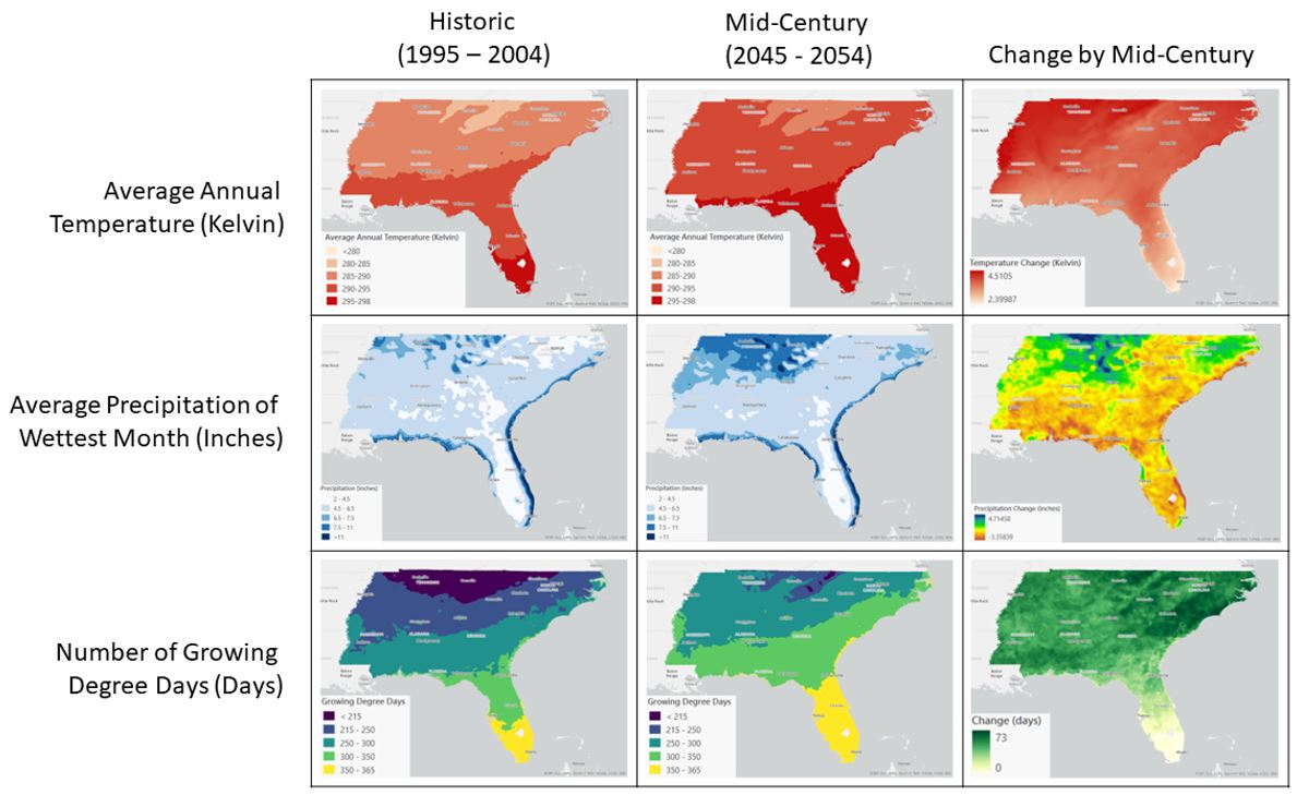 Example high resolution dynamically-downscaled climate datasets. These examples include average annual temperature, average precipitation of wettest month, and number of growing degree days.