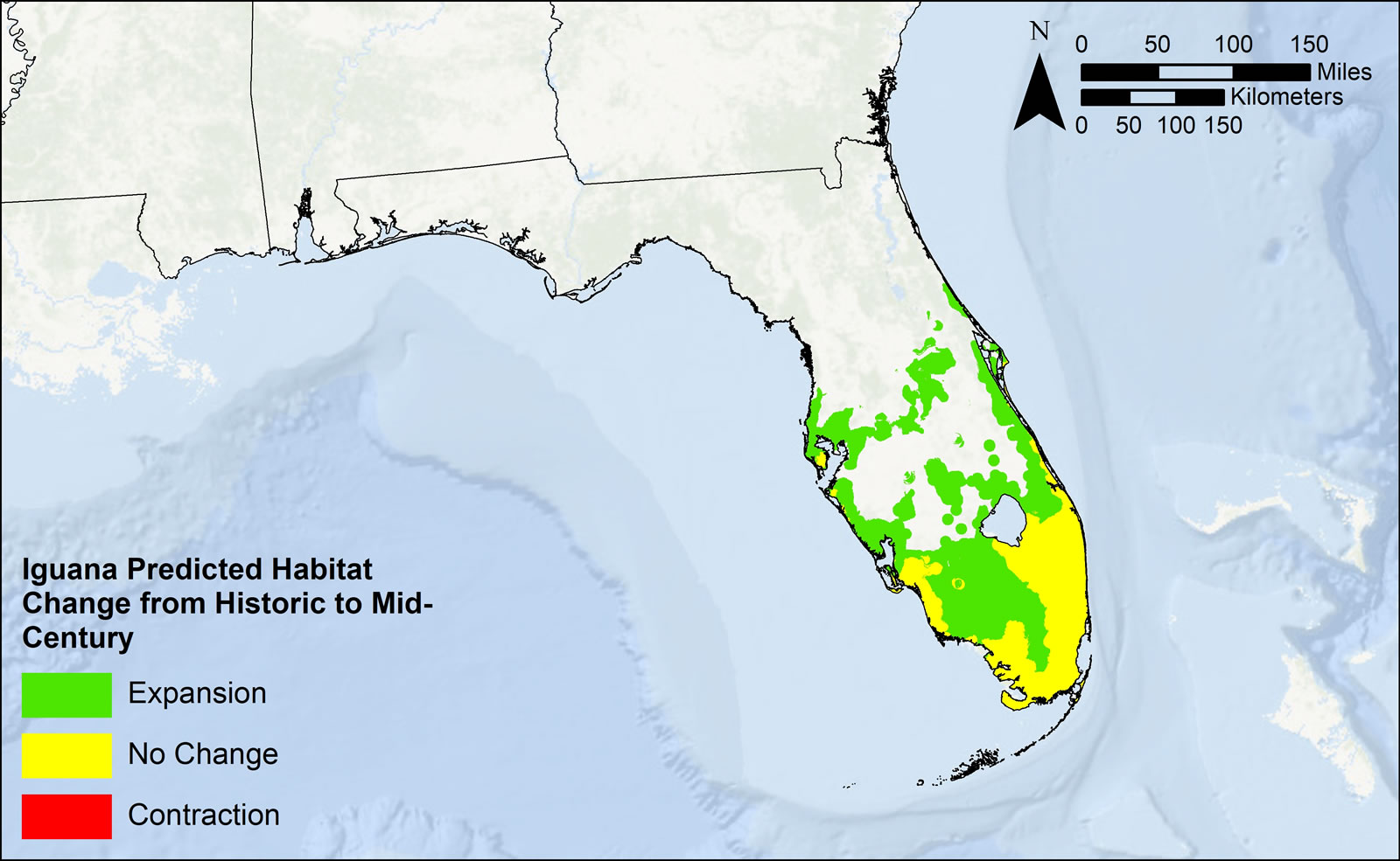 Iguana habitat predicted change from 1995-2004 (“historic”) to 2045-2054 (mid-century) time periods