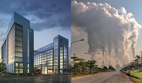 images of high-rise building and power plant steam emissions