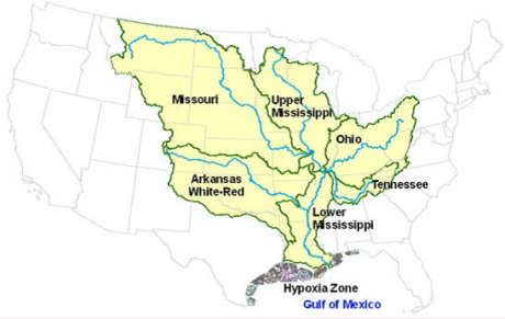 illustration showing the Mississippi River Watershed overlaid on a map of the United States