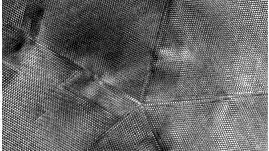 A high-resolution transmission electron microscopy image of the core of a single silver nanowire. The scale bar represents 5 nm in length. The image was taken on the Argonne Chromatic Aberration-corrected TEM (ACAT) machine.