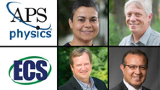 APS Physics and ECS logos with photos of four researchers appointed fellows of scientific societies