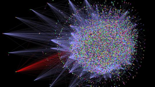A visualization of a human interactome, the set of molecular interactions in a cell.