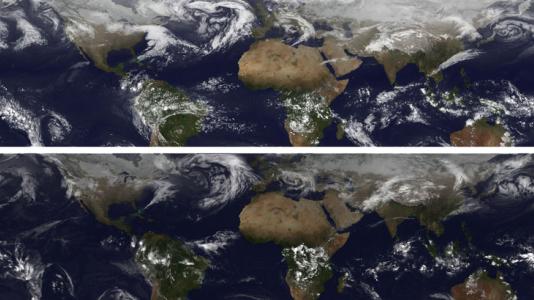 Top image is taken from a computer simulation at a specific point in time during the first 90 hours into a 20-day run of a detailed global atmospheric model. The bottom image was taken by NASA's GOES satellite at the same point in time.
