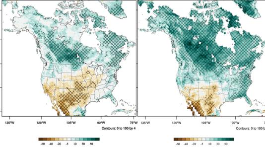 Two sample maps show different scenarios to project how much more (green) or less (brown) it would rain in a ten-year period at the end of the century versus how much it rained in 1995-2004.