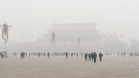 Beijing's Tiananmen Square enveloped by heavy fog and haze. 