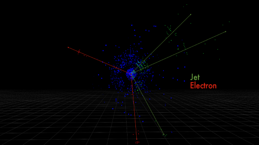 These are the detector pixels for electrons and quark jets produced by a simulated proton collision, measured by the ATLAS detector. (Image by Taylor Childers.)