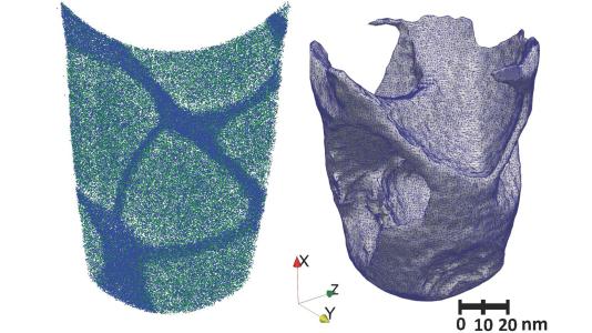 Three-dimensional point cloud reconstruction of an entire cobalt superalloy atom-probe tomography specimen (left) and the resulting interface from the edge detection method (right). Image by Argonne National Laboratory.)