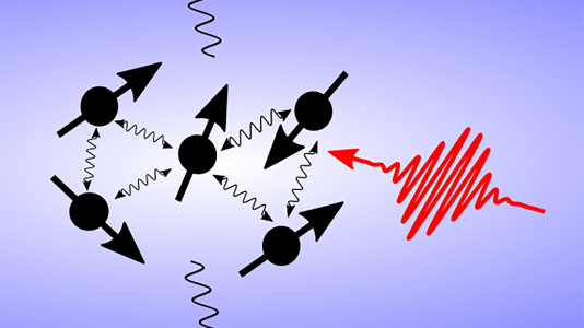 Cartoon of an open quantum system. Spins interact with each other but also lose information to the environment. A laser pulse provides control and processing of the information.