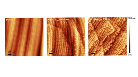 Atomic force microscopy images showing varied coverage of a gold layer (the lighter shade) over the edges of a platinum surface. The gold layer mitigates platinum dissolution during fuel cell operations. (Image by Argonne National Laboratory.)