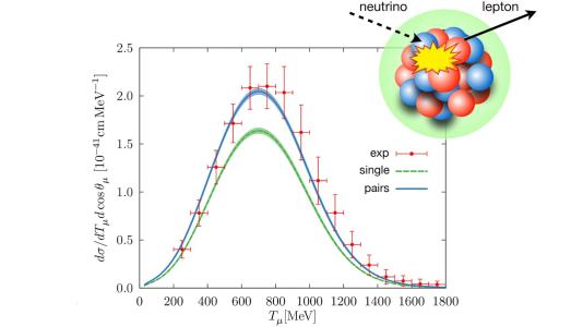Cross sections of neutrino-nucleus interactions versus energy. Improved agreement between experiment and model calculations clearly shown for case of nucleon pair rather than single nucleon. Inset shows neutrino interacting with nucleus and ejecting a lepton. (Image by Argonne National Laboratory.)