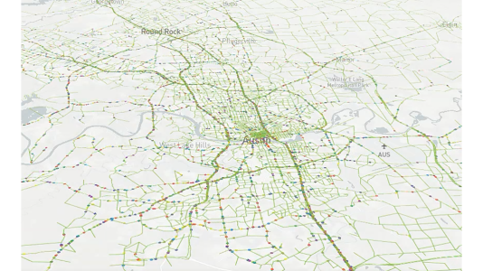 Visualizer-created image displaying a sample of 5% of vehicles moving in the Austin model. (Image by Joshua Auld / Argonne National Laboratory.)