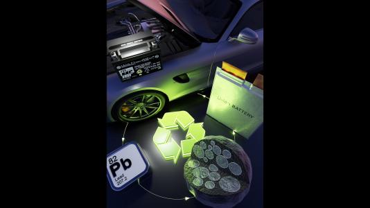 Image shows a lithium-ion battery, a lead-based core-shell particle developed for the anode, the element lead in the periodic table, and a lead-acid battery for an automobile.