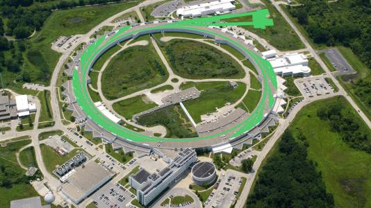 Aerial view of Advanced Photon Source, superimposed image ofo rec green swirls over ring, lines leading off to twtangular shapes. (Aerial photo by Tigerhill Studios. Illustration by Mark Lopez/ Argonne National Laboratory.)