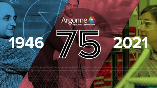 Graphic showing three scenes from Argonne’s history, overlayed with blue, red and green, with the years 1946 and 2021 and the number 75 overlayed on top. (Image by Argonne National Laboratory.)