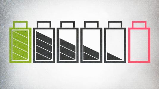 Depiction of six consecutively emptying battery power terminals. (Image by Shutterstock/Sealstep.)