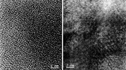 Images produced by transmission electron microscopy verified the transformation of the electrode material from a disordered arrangement of atoms (left) to an ordered, crystalline structure (right). 
