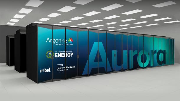 Large rectangles - Argonne’s Aurora exascale system. (Image by Argonne National Laboratory.)