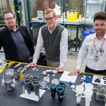 For the first time, Argonne scientists have printed 3D parts that pave the way to recycling up to 97 percent of the waste produced by nuclear reactors. From left to right: Peter Kozak, Andrew Breshears, M Alex Brown, co-authors of a recent Scientific Reports article detailing their breakthrough. (Image by Argonne National Laboratory.)